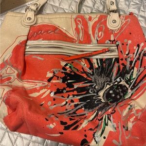 Stella & Dot Coral and Cream Floral Canvas Tote